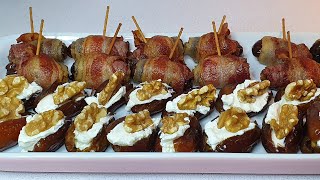 DÁTILES CON BACON Y DÁTILES RELLENOS DE QUESO CREMA CON NUECES Dos aperitivos fáciles y buenísimos [upl. by Aniral]