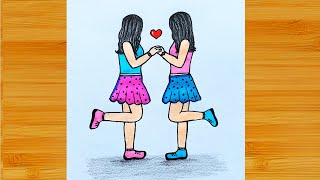 How To Draw Best Friend Girls  Two Best Friend Drawings  Bff Drawing  Friendship day drawing [upl. by Vasya]