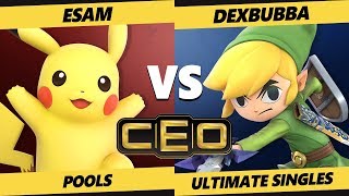 CEO 2019 SSBU  PG  ESAM Pikachu Vs Dexbubba Fox Toon Link Smash Ultimate Tournament Pools [upl. by Lemuela]