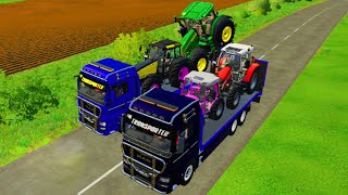 TRANSPORTING JHON DEERE TRACTORMASSEY FERGUSONRIGITRACVALTRA VALMET TRACTOR WITH MAN TRUCK FS 22 [upl. by Ade]