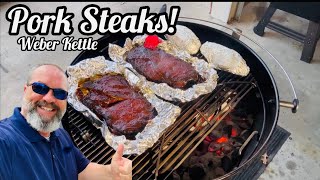 Pork Steaks on the Weber Kettle Charcoal Grill  Weber Kettle Master Touch  bbq food [upl. by Rosalynd]