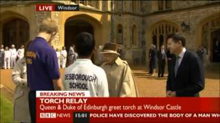 HM The Queen and Duke of Edinburgh Greet Olympic Torch  Windsor Castle  July 2012 [upl. by Atsilac693]