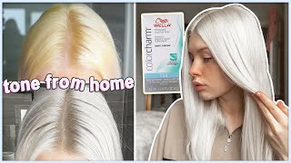 HOW TO TONE PLATINUM BLONDE HAIR AT HOME  Wella T14  bye yellowbrassy tones [upl. by Accever]