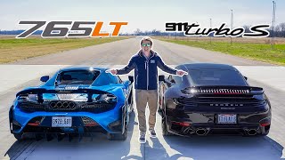 DRAG RACE McLaren 765LT vs Porsche 911 Turbo S [upl. by Aryhs570]