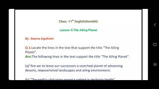 The Ailing Planet  Class 11th English Hornbill Lesson5  QAns seemaagnihotriratlam [upl. by Jarek]