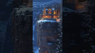 Majestic Cliffside Mansion Glowing in Snowy Darkness ✨🏔️ sereneescape modernexterior [upl. by Obeng]