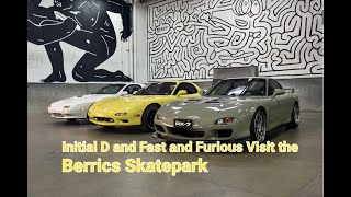 Car Show at the Berrics Skatepark We bring Vinnie and Jetts Initial D RX7s  Fast and Furious Cars [upl. by Zaller557]