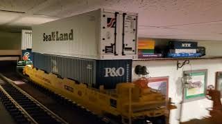 GScale Double Stack Intermodal On The Basement Ceiling USA Trains Santa Fe GP38 [upl. by Audrie]