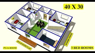 40 X 30 GHAR KA NAKSHA WITH GOD ROOM II 40 X 30 HOUSE PLAN DESIGN II 3 BHK HOUSE PLAN [upl. by Ednargel]