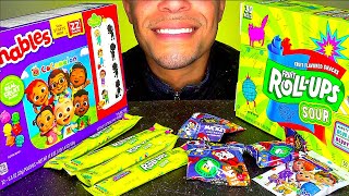 ASMR FRUIT ROLL UPS SOUR FUNABLES COCOMELON FRUIT SNACKS EATING CHEWY SOUNDS CANDY [upl. by Teemus265]