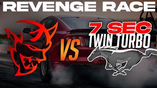 REVENGE RACE Dodge Demon vs Twin Turbo Ford Mustang 14 mile DRAG RACE  Demonology [upl. by Bornie]