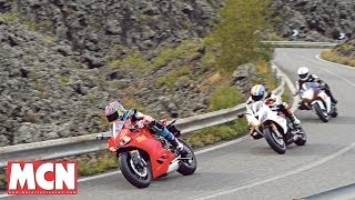 Ducati Panigale 899 fights Suzuki and Triumph  Group Test  Motorcyclenewscom [upl. by Brew]