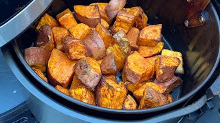 Air Fryer Roasted Sweet Potatoes Recipe  Air Fried Sweet Potato Cubes  So Easy Crispy AMAZING [upl. by Ignatia]