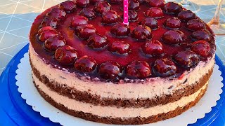 Fruchtige Kirschtorte mit QuarkMascarponecreme und SchokoBiskuitboden  Torte ohne Gelatine [upl. by Attenauqa]