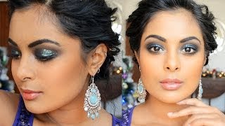 Party Makeup for Brown Skin  Glitter Blue Smokey Eyes [upl. by Amara]