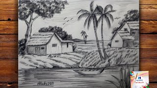 Pencil sketch of a village scenery  Easy Village scenery drawing for beginners  Sinari art [upl. by Briny]