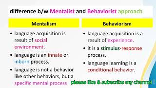 Mentalist and Behaviorist ApproachMentalism by Noam Chomsky Behaviorism by BF SkinnerLinguistics [upl. by Einner915]