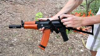 Cybergun AIRSOFT AKS74U fully liscenced full metal and real wood review and shooting [upl. by Wolliw]