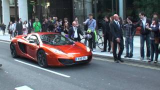 LEWIS HAMILTON AND JENSON BUTTON ARRIVING AT MCLAREN SHOWROOM [upl. by Genvieve]