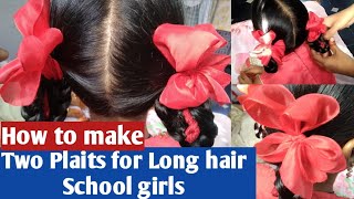 School girls ribbons hair style  how to make Two Plaits for School girls with Ribbons [upl. by As755]