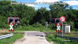 Bahnübergang quotHaagen 1quot WeikersheimHaagen  mintgrüner 628 und Gußglocke im Tal des Vorbachs [upl. by Aekerly433]