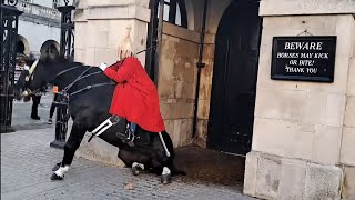 Kings guard horse slips falls guard stays mounted horseguardsparade [upl. by Lebyram]