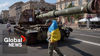 Ukraine displays destroyed Russian war trophy tanks in Kyiv [upl. by Janus611]