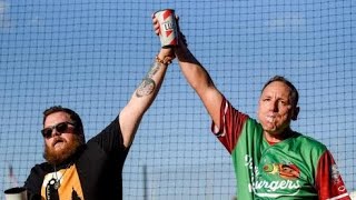 Joey Chestnut nearly eclipses Nathans contest winner during exhibition at Army base in Texas [upl. by Dittman]