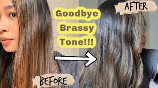 HOW I TONE MY BRASSY HAIR AT HOME  DARK BRUNETTE BALAYAGE [upl. by Ahsemik]