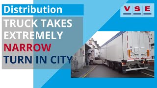 Truck takes exteremely narrow turn in city thanks to trailer steering system  VSE [upl. by Nyltyak]