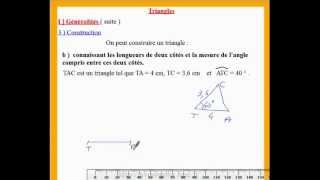 5eme cours de maths et exos sur la construction dun triangle à partir de 2 côtés et dun angle [upl. by Neetsirk416]