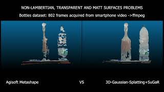 NonLambertian transparent and matt surfaces reconstruction Metashape vsGaussian Splatting SuGaR [upl. by Yemrej]