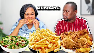 COUPLE EATING MUKBANG  FRIES WITH SALAD AND TURKEY WING MUKBANG [upl. by Narahs]