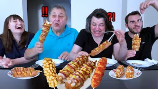 My Family Tries Popular Korean Cheese Corn Dogs for the First Time Making Korean Street Food SUB [upl. by Ameline]