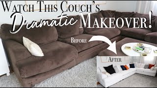 DIY Couch Makeover  How to Reupholster a Sectional Couch  Dramatic Furniture Transformation [upl. by Fleck]