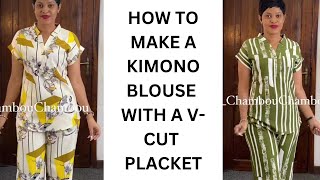 HOW TO MAKE A KIMONO BLOUSE WITH A quotVquotCUT PLACKET DESIGN DETAIL [upl. by Eudora358]