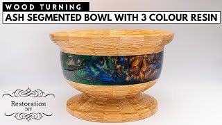 Woodturning  Ash Segmented Bowl with 3 Colour Epoxy Resin  Restoration DIY [upl. by Enilreug354]