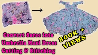 Convert saree into Umbrella Maxi Dress Cutting amp Stitching thaiyal tamilil  old saree to new dress [upl. by Alit]