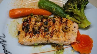 Grilled salmon with capers and olives  Σολωμός λαδολέμονο με κάπαρη και ελιές [upl. by Annahc]