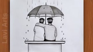 How to draw Two best friends  Boy sitting in Rainy day with umbrella  Best Friend Pencil drawing [upl. by Medardas]