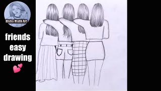 How to draw four best friends drawing for beginners pencil sketch tutorial [upl. by Anatnom290]