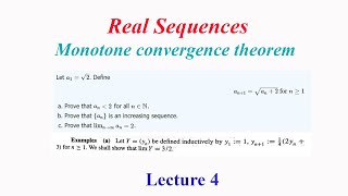 Sequences Real Analysis  Lecture 4  Monotone convergence theorem  2 Solved Examples [upl. by Yanttirb]