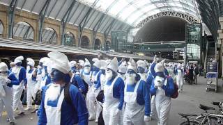 Hartlepool United Smurfs arrive at Kings Cross [upl. by Divadnoj]