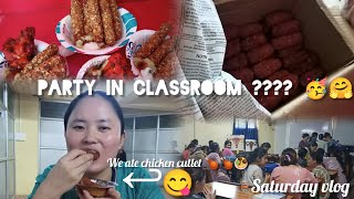 Having party in classroom with classmate 🤗♥️Eating veg chop and chicken cutlet 🍗🍗😋saturdayvibes [upl. by Nmutua]