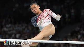 Suni Lee SMASHES uneven bars routine to help US win womens gymnastics team gold  Paris Olympics [upl. by Kathye]