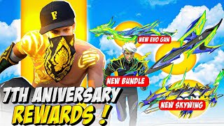 FREE FIRE 7TH ANNIVERSARY EVENT REWARDS😱NEW EVO GUN☠️SKYWING AND LEGENDARY BUNDLE😍 freefire [upl. by Nlyak865]