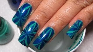 Blue amp Green Star  Water Marble March 2012 11  DIY Nail Art Tutorial [upl. by Ellehsim]