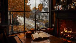 Cozy Autumn Room with Smooth Piano Jazz Music amp Rain Fireplace Sounds for Relaxing Studying [upl. by Anerdna]