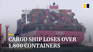 Cargo ship ONE Apus loses more than 1800 containers in Pacific storm [upl. by Sallad546]