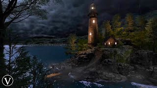 Stormy Lighthouse  Night Ambience  Ocean Waves Rain amp Thunderstorm Sounds [upl. by Ilrac]